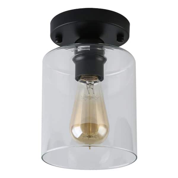 Retro 5.51 in. 1-Light Black Vintage Semi-Flush Mount with Clear Glass Shade and No Bulb Included