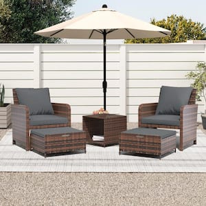 5-Piece Wicker Patio Conversation Set, Outdoor Chairs with Gray Cushions, Coffee Table and Ottomans