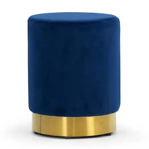 Anna Blue Velvet with Golden Accent Base Small Size Round Footstool Ottoman