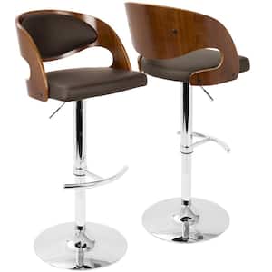 Pino Adjustable Height Walnut and Brown Faux Leather Bar Stool