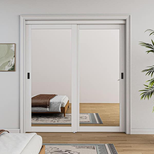 72 in. x 96 in. Solid Core 1-Lite Mirror White Primed MDF Interior Closet Sliding Door with Hardware and Black Handle