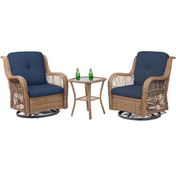 Sudzendf Natural Brown 3-Piece Wicker Patio Swivel Rocker Outdoor Bistro Set with Blue Cushion, 2 Rocking Chairs and Side Table