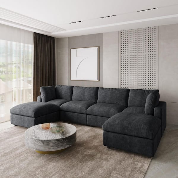 134 in. Square Arm Chenille 6-Piece U Shaped Modular Sectional Sofa with Removable Ottoman, Covers in Black
