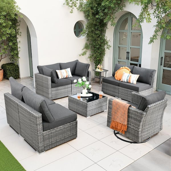 HOOOWOOO Messi Gray 9-Piece Wicker Outdoor Patio Conversation Sectional Sofa Set with a Swivel Chair and Black Cushions