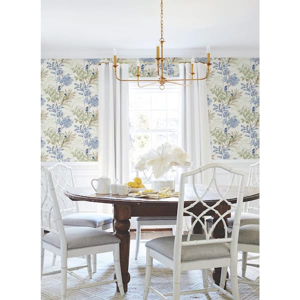 Green and Blue Handpainted Songbird Matte Non Woven Paper Peel and Stick Wallpaper Roll