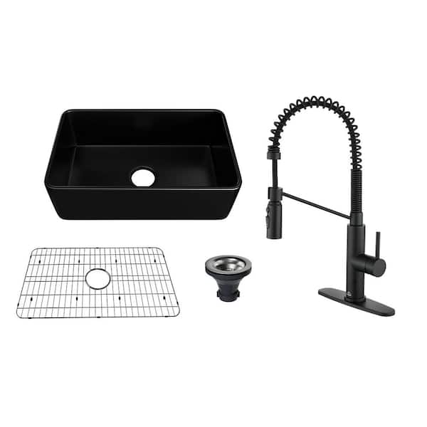 All-in-One 30 in. Farmhouse/Apron-Front Single Bowl Fireclay Kitchen Sink with Kitchen Faucet, Grid and Basket Strainer