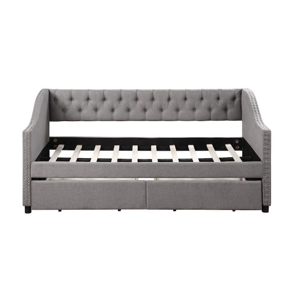 wetiny Upholstered Daybed with Two Drawers, Wood Slat Support, Gray, Twin Size