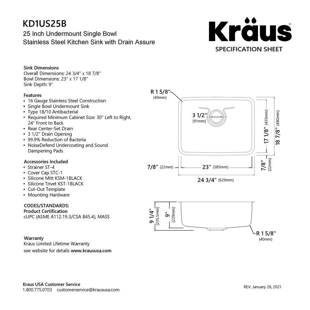 Dex 25-Inch Undermount Single Bowl Stainless Steel Kitchen Sink with DrainAssure