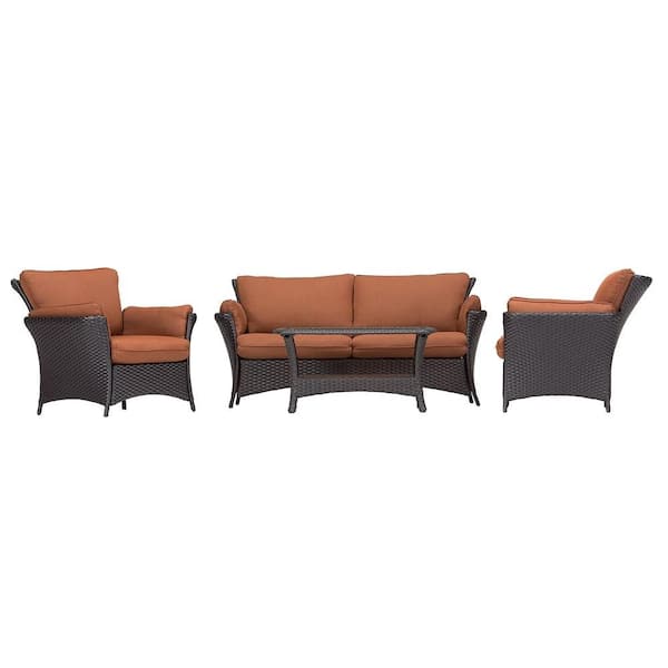 Hanover Strathmere Allure 4-Piece Patio Conversation Set with Woodland Rust Cushions