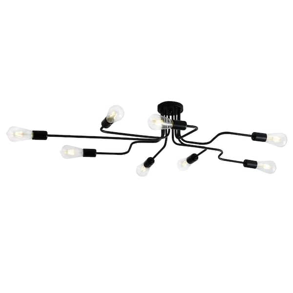 aiwen Modern 42 in. 8-Light Brushed Black Oversized Sputnik Linear Semi Flush Mount Ceiling Light Fixture