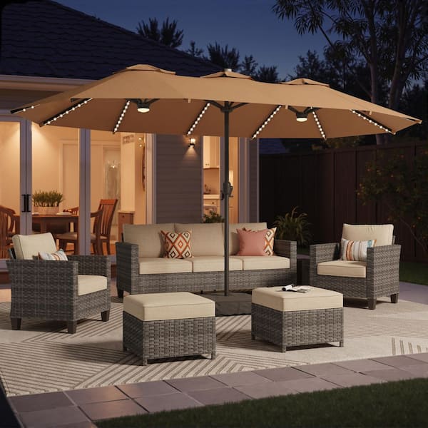 15 ft. Rectangule Outdoor Double Sided Market Patio Umbrella in Tan with Base and LED Lights for Poolside Lawn Garden