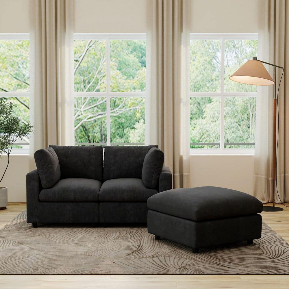 Magic Home Modular 67 in. Square Arm Chenille Minimalist L-Shaped Sofa Cloud Couch with Removable Covers for Home Office in. Black MH-L2+1-142BK-S