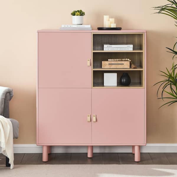 Tileon Multifunctional Wooden Storage Cabinet with Door, Modern Sideboard Cabinet with Leather Handle Drawer Chest-Pink