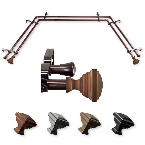 EMOH Saymna 20-36 in. sides, 38-72 in. center Adjustable Bay Window Double Curtain Rod 13/16 in. in Cocoa with Finial
