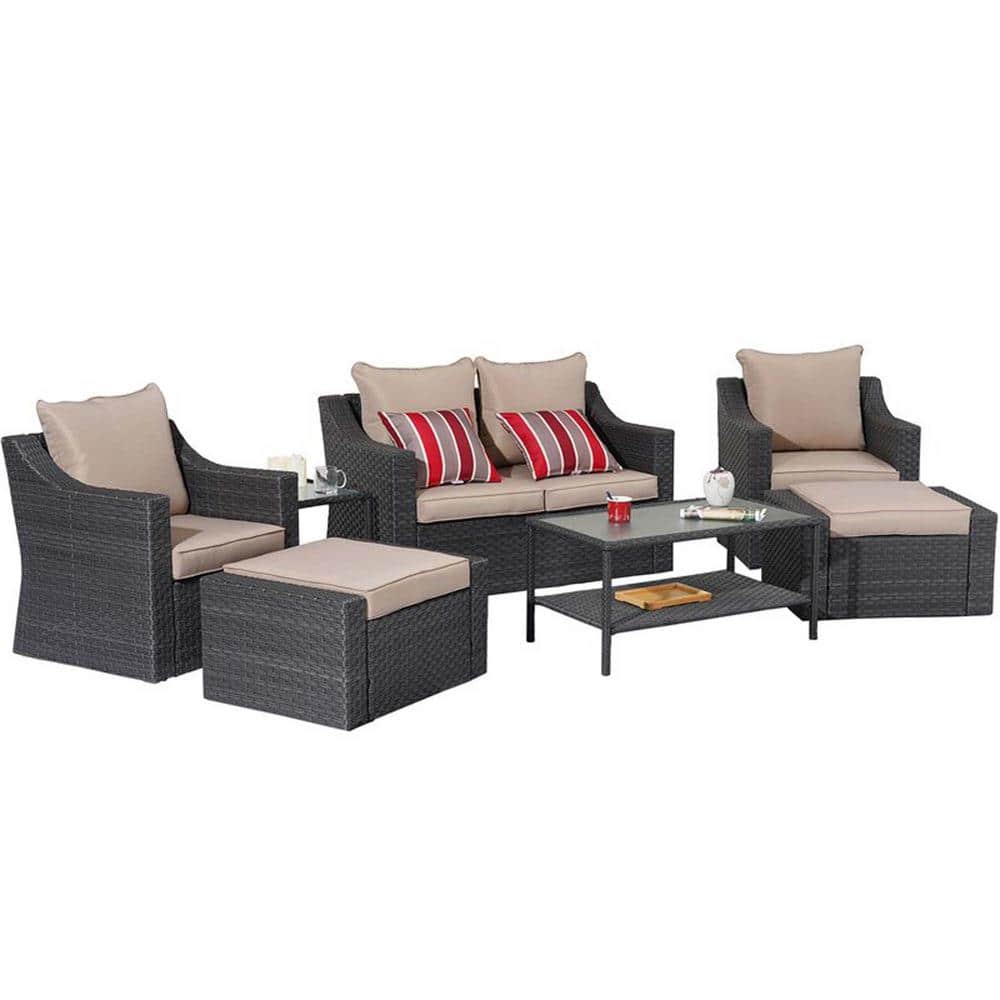 7 Pieces Outdoor Black PE Wicker Patio Conversation Sets with 10-Piece Brown Washable Cushion and Tempered Glass Table price history on PriceWatchPro