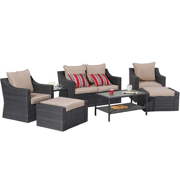 7 Pieces Outdoor Black PE Wicker Patio Conversation Sets with 10-Piece Brown Washable Cushion and Tempered Glass Table