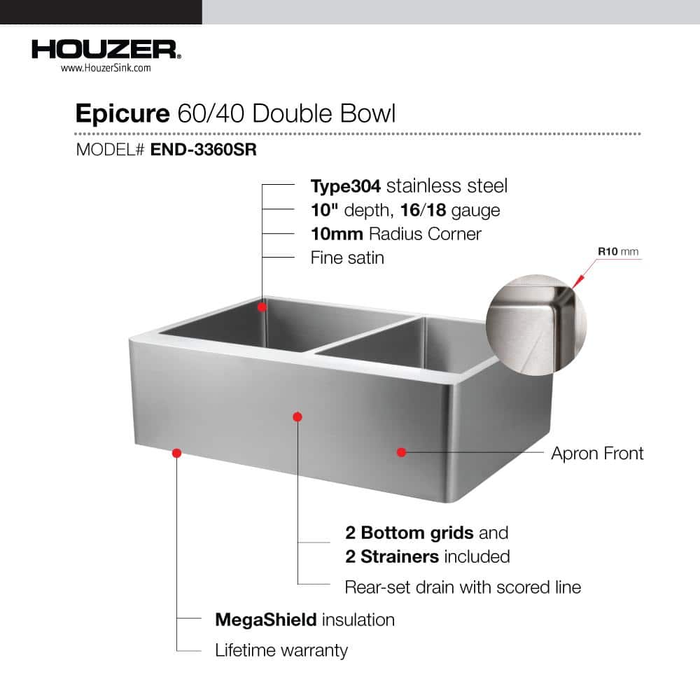 Epicure 33'' Stainless Steel Farmhouse Double Bowl Kitchen Sink
