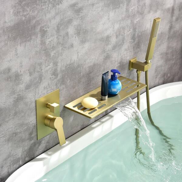 Vara Single-Handle Wall Mount Roman Tub Faucet with Hand Shower and 15.7 in.Width Waterfall Spout in Brushed Gold