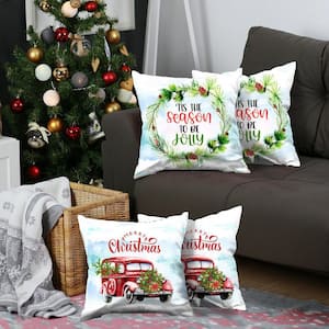 Christmas Car and Quote Decorative Throw Pillow Square 18 in. x 18 in. Red and White for Couch, Bedding Set of 4