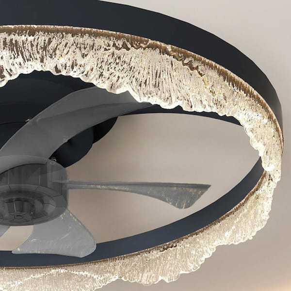 Virella 16 in. LED Indoor Black Crystal Bladeless Low Profile Ceiling Fan Flush Mount Smart App Remote Control, Dimmable