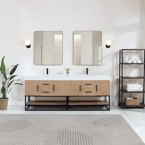 Bianco 84 in. W x 22 in. D x 34 in. H Double Sink Bath Vanity in Light Brown with White Composite Stone Top and Mirror
