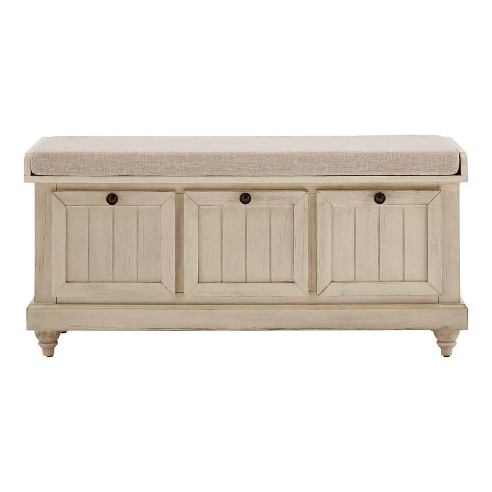 White Storage Bench With Linen Seat Cushion (44.01W x 15.94D x 20.47"H)