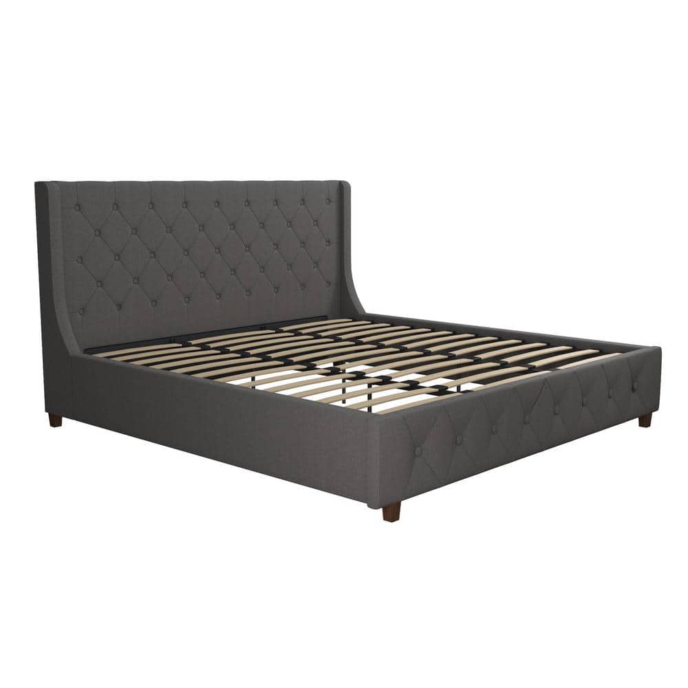 King Gray Linen Tufted Upholstered Bed with Metal Frame