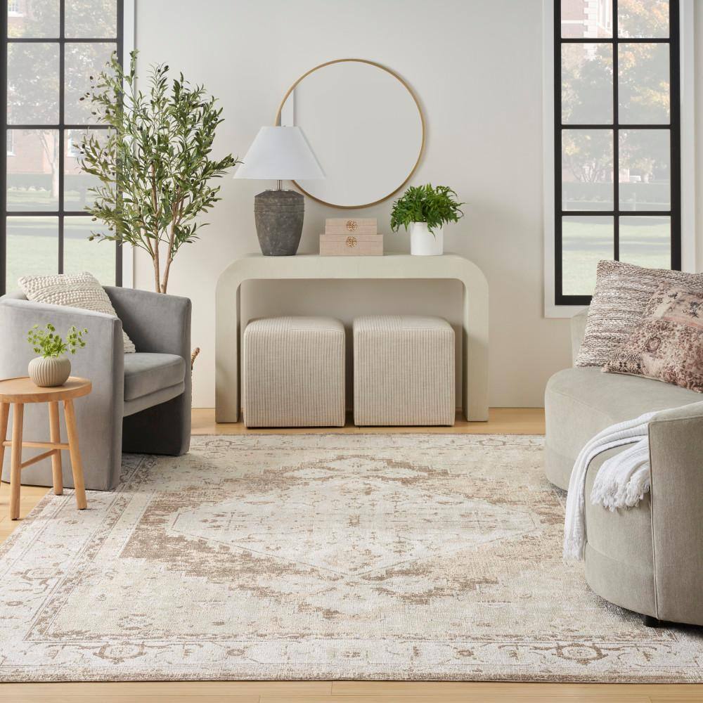 Astra Beige Floral Synthetic Rectangular Washable Area Rug