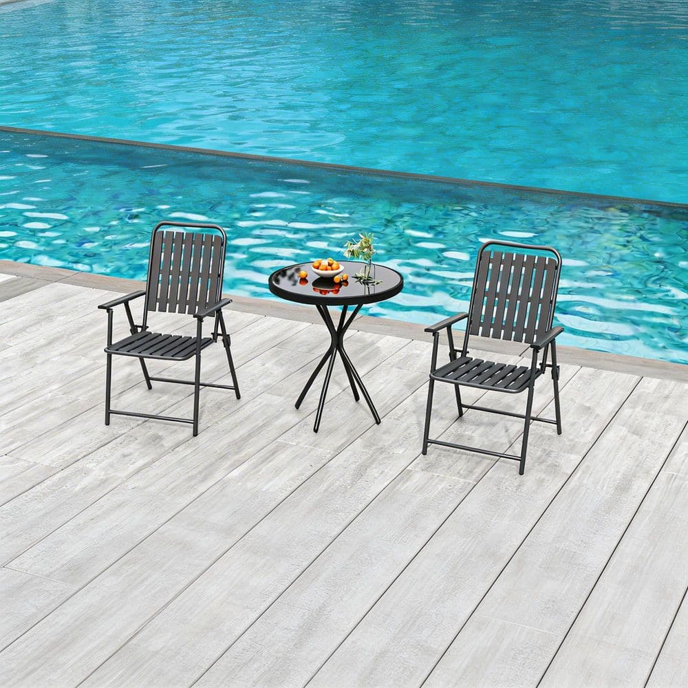 Black Powder-Coated Foldable Metal Outdoor Dining Chair Set with Tempered Glass Table in Black (Set of 2) price history on PriceWatchPro