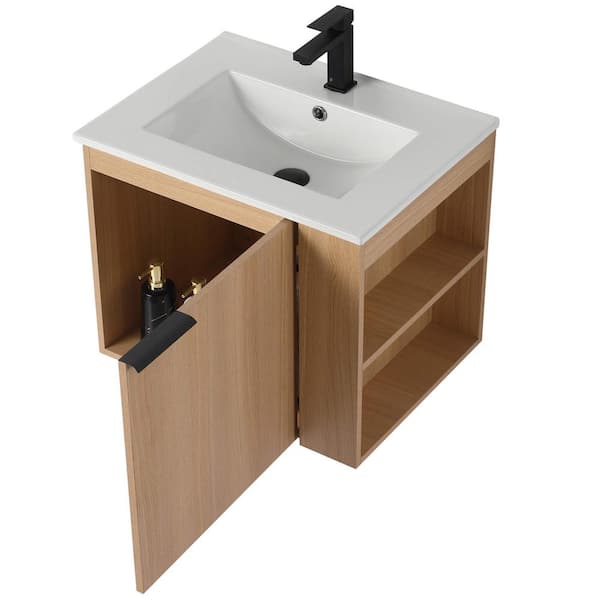 Elmridge 24 in. Single Right Hand Wall Mounted Sand Oak Bath Vanity with White Ceramic Sink Top