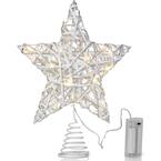 Christmas Rattan Tree Topper - White and Silver Xmas Rustic Star LED Light Up Tree Topper Ornament Decoration