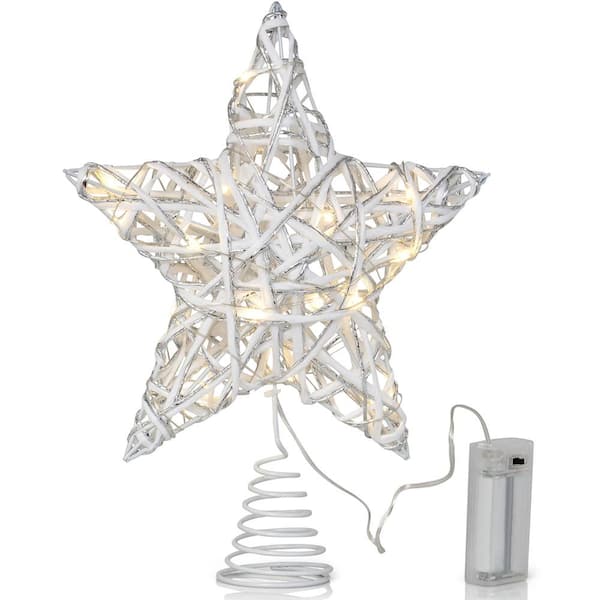 ORNATIVITY Christmas Rattan Tree Topper - White and Silver Xmas Rustic Star LED Light Up Tree Topper Ornament Decoration