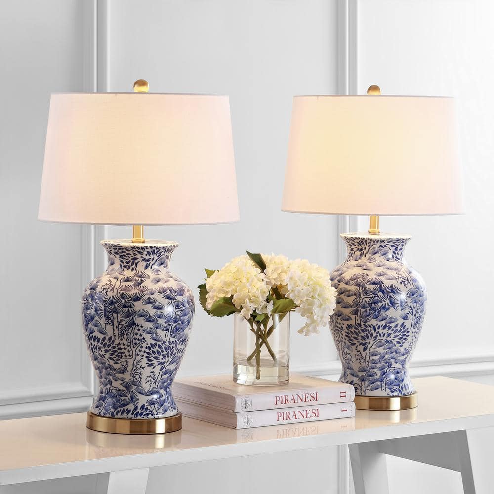 Alona Blue and White Ceramic Table Lamp Set with Brass Base