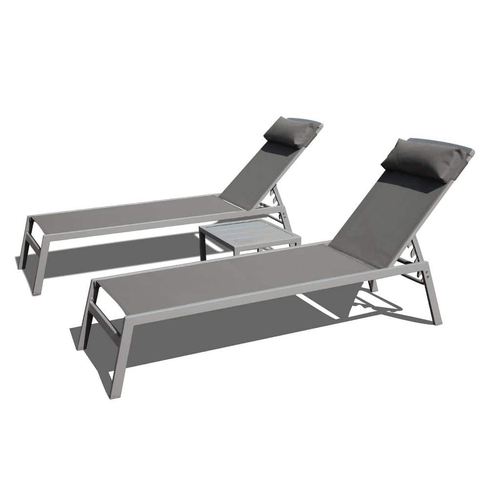 Gray 3-Piece Metal Outdoor Adjustable Pool Chaise Lounge Set with Headrest (2 Lounge Chairs + 1 Table) price history on PriceWatchPro