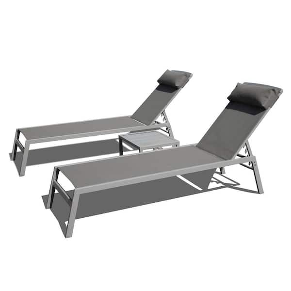 Sudzendf Gray 3-Piece Metal Outdoor Adjustable Pool Chaise Lounge Set with Headrest (2 Lounge Chairs + 1 Table)