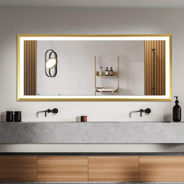 HBEZON Metis 88 in. W x 38 in. H Oversized Rectangular Aluminium Framed Dimmable Anti-Fog Wall Bathroom Vanity Mirror in Gold