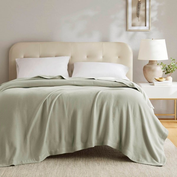 Egyptian Cotton Sage Green Cotton Full/Queen Knitted Blanket