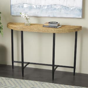 32 in. Brown Half-Circle Woven Seagrass Wood Console Table with Black Metal Legs