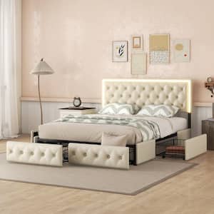 Button-Tufted Beige Metal Frame Queen Size PU Leather Upholstered Platform Bed with LED Lighted Headboard, 4-Drawer