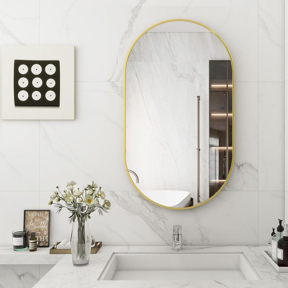 XRAMFY Morden Gold 24 in. W x 36 in. H Oval Aluminum Alloy Frame Vanity Wall Mirror QC2509OA2436GD