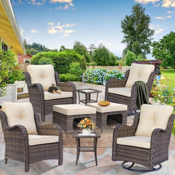 Brown 8-Piece Wicker Patio Conversation Set Outdoor Lounge Chair Swivel Rockers Ottoman Side Table with Beige Cushion