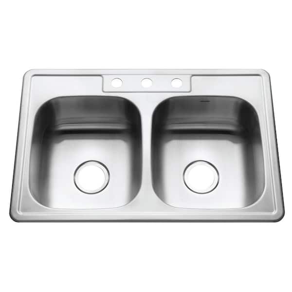Houzer Glowtone 33 in. Stainless Steel Topmount 3-hole 50/50 Double Bowl 8 in. Deep Kitchen Sink - 3322-8BS3-1