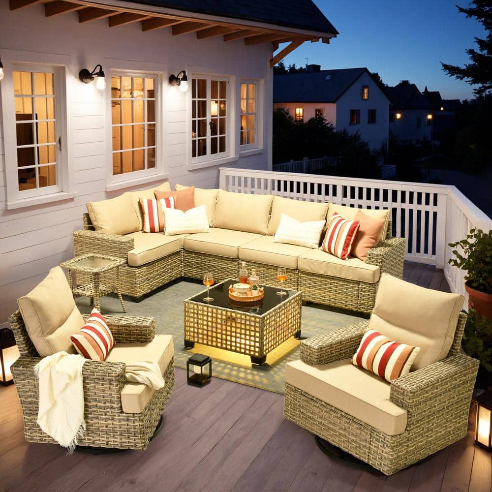Tiberty Gray 9-Piece Wicker Patio Conversation Seating Set with Beige Cushions and Swivel Chairs