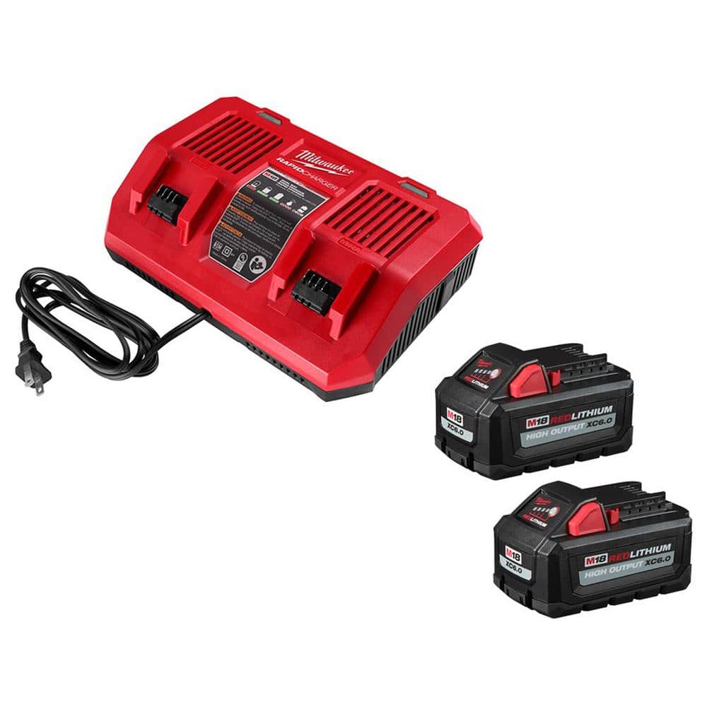Milwaukee M18 18-Volt Lithium-Ion Dual Bay Rapid Battery Charger with   Battery Pack (2-Pack) 48-59-1802-48-11-1862 - The Home Depot