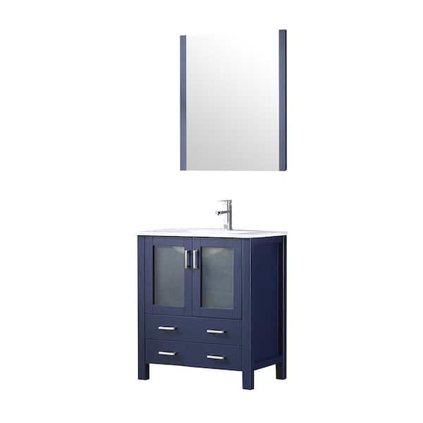 Lexora Volez 30 in. W x 18 in. D Navy Blue Bath Vanity, Integrated White Ceramic Top, Faucet Set and 28 in. Mirror