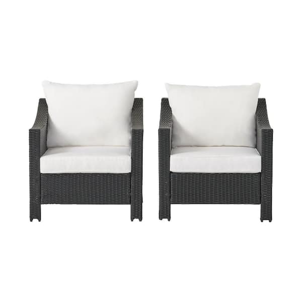 Benjara Annie Black Wicker Outdoor Lounge Chair with White Cushion (Set of 2)