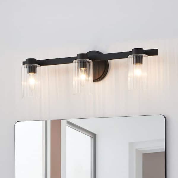 Bedminster 24-in. 3-light Matte Black Vanity Light with Clear Ribbed Glass Shades