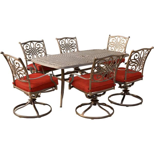 Hanover Traditions 7-Piece Aluminum Outdoor Dining Set with Swivel Rockers and Red Cushions