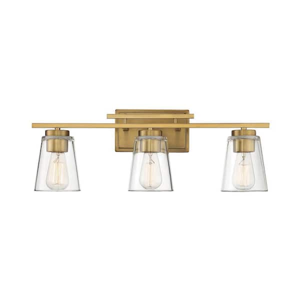 Savoy House Calhoun 24 in. W x 8.75 in. H 3-Light Warm Brass Bathroom Vanity Light with Clear Tapered Cone Glass Shades