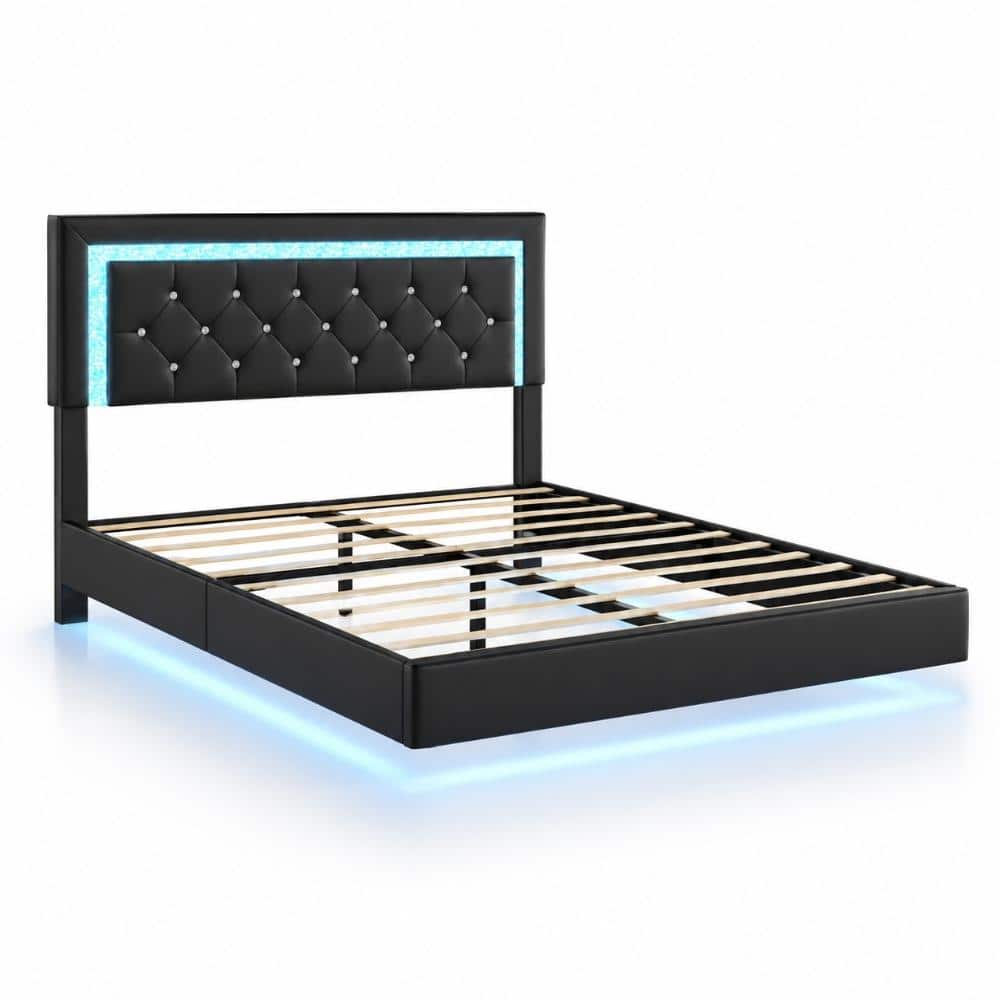 Black Metal Frame Full Platform Bed with LED Lights and Diamond Tufted Headboard durable construction price history on PriceWatchPro